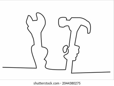 Drawing continuous line of the master's hand holds a wrench and other keys for car repair. auto service concept