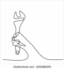 La línea continua de dibujo de la mano del maestro sujeta una llave y otras llaves para la reparación del coche. concepto de servicio automático