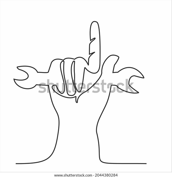 Drawing continuous\
line of the master\'s hand holds a wrench and other keys for car\
repair. auto service\
concept