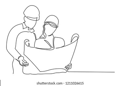 
Drawing a continuous line of people a young man and a young woman in helmets are holding a large paper with a construction plan. Builders.