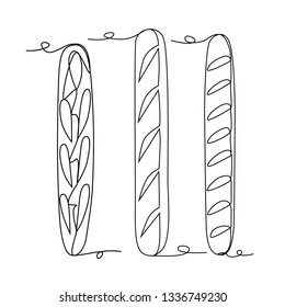 Drawing a continuous line. Set of baked baguettes