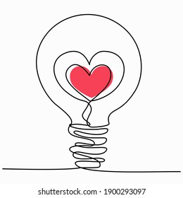 Drawing a continuous line. The shape of the heart is in the light bulb. One line romantic concept. Trendy minimalistic style of Love. Black on a white background. Hand drawn vector illustration.