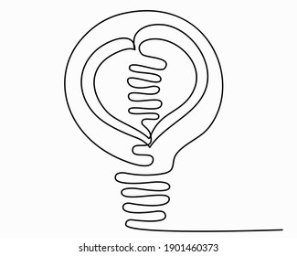 Drawing Continuous line  Shape of the Heart is in the light bulb. One line romantic concept. Trendy minimalistic style of Love. Hand drawn Black on a white background. Vector illustration.