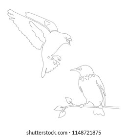 The drawing is a continuous line. Two birds with a black contour