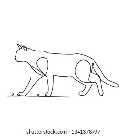 Drawing a continuous line. Walking cat on white isolated background
