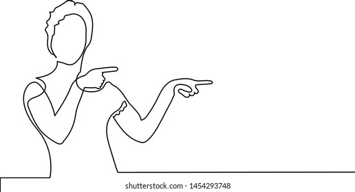 
Drawing a continuous line of a woman with a short haircut points with two fingers to the right. Concept note, the best offer, only today.