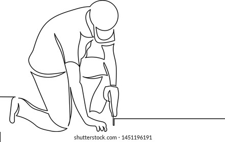 
Drawing a continuous line of a worker in a cap bending over fastens a screwdriver. The concept of repair in the house, laying floors, laminate, repair work.