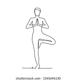 Drawing a continuous line. Yoga position on white isolated background. Linear style