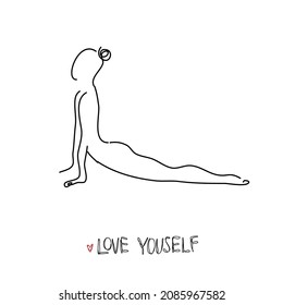 Drawing a continuous line. Yoga position on white isolated background. Linear style