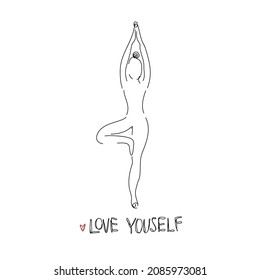 Drawing a continuous line. Yoga position on white isolated background. Linear style