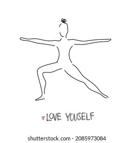 Drawing a continuous line. Yoga position on white isolated background. Linear style