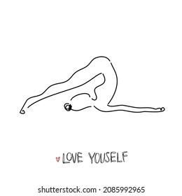 Drawing a continuous line. Yoga position on white isolated background. Linear style