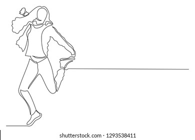 Drawing a continuous line of a young happy woman in a jump. Long hair. The concept of joy from shopping. Place for inscription.