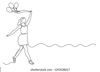Drawing a continuous line of young happy woman in a jump with balls. Long hair. The concept of joy, lightness and spring. Place for inscription.
