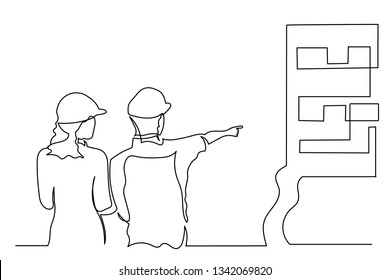 Drawing a continuous line of young man and woman standing back with workers engineers in helmets. points with his finger. The concept of construction and sale of buildings and houses.