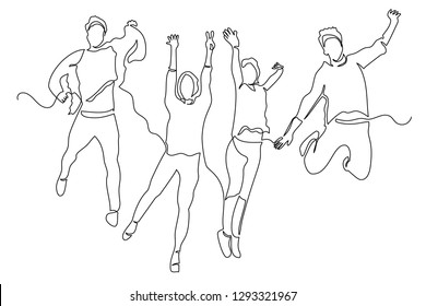 Drawing a continuous line of young people jumping from happiness. The concept of joy, pleasure, success in business. Victory. Company `s logo.