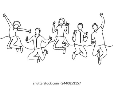 Drawing a continuous line of young people jumping from happiness. The concept of joy, pleasure, success in business. Victory. Company `s logo.