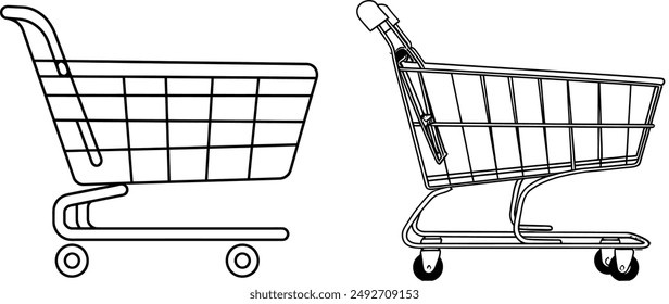 Drawing of a continuous one art line drawing of a trolley shopping cart. 