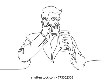 Drawing a continuous one line man talking on the phone drinking coffee. Hipster with a mustache and beard with a drink and a smartphone.
