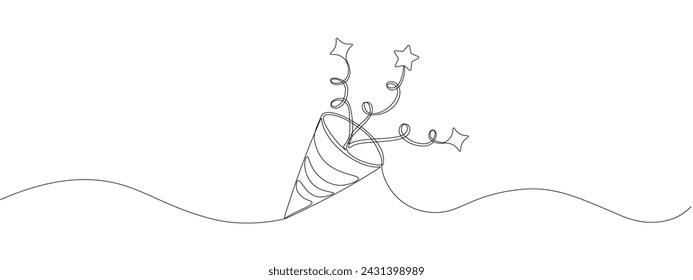 Drawing of continuous single editable line of holiday clapper with confetti with streamers and stars. Symbol of fun, celebration, surprise. Vector illustration in doodle style.