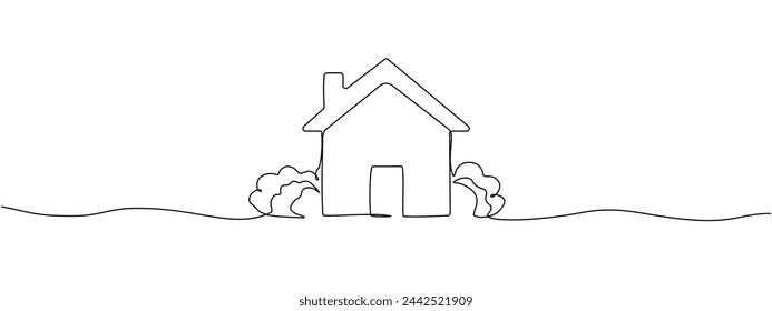 Drawing continuous single editable line of small rustic house with garden trees. Residential house concept in simple single line style . Vector illustration.