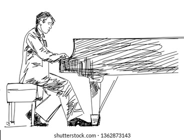 Drawing Contour Of Piano Player. Pianist Sitting At The Grand Piano. Classical Musician Silhouette. Black Lines On White Background. Vector Musical Illustration.