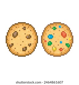 Drawing of cookie with chocolate chips and colors, pixel art food