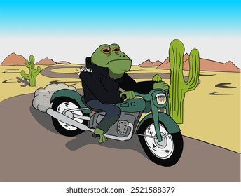 Um desenho de um sapo motociclista legal montando uma motocicleta fresca através de um deserto com cactos