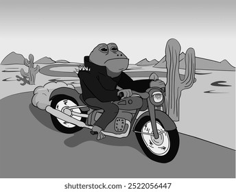 Um desenho de um sapo motociclista legal montando uma motocicleta fresca através de um deserto com cactos. Versão monocromática