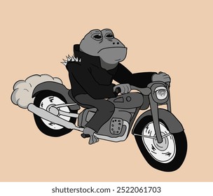 Um desenho de um sapo motociclista legal pilotando uma motocicleta legal