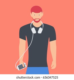 drawing of cool Handsome & muscular man cartoon. young & red hair isolated. male person listening music on flat design style in the mobile phone or cell phone vector & Wearing headphones on the neck.