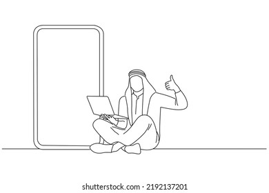 Drawing of cool young arab guy sitting with laptop pc near giant cellphone with blank screen, showing thumb up gesture. Oneline art drawing style
