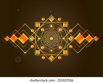 Drawing of a cosmic gold mandala in geometric style on a black background.