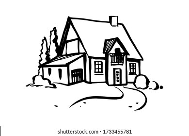 Drawing of a cottage. Vector hand drawn illustration on a white background.