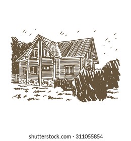 Drawing of a country house. Vector freehand pencil sketch.