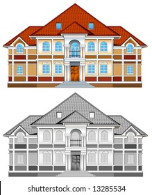 Drawing of country residence, two-store house with greater windows, illustration