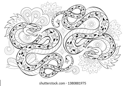 Drawing of couple eastern snakes. Black and white page for coloring book. Printable pattern for modern print, t-shirt, embroidery, Henna, Mehndi, tattoo and decoration. Hand-drawn vector image.