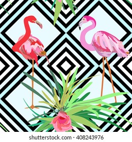 Drawing a couple of red and pink flamingos, a striped background with tropical flowers seamless pattern, color vector fashion design print,  trendy stylish texture spring summer