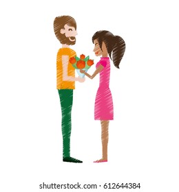 drawing couple romantic bouquet flowers