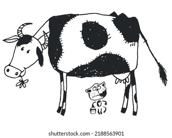 Drawing of a cow in a meadow and a kitten who wants milk. Сhildren's style. Illustration for a children's book, postcard.