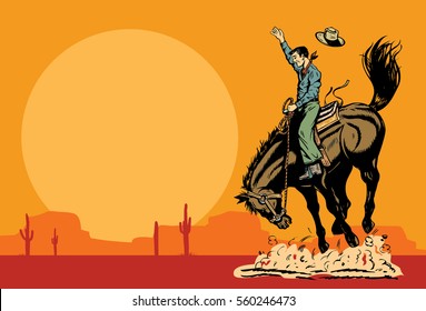  Drawing of a cowboy riding a wild horse at sunset, vector