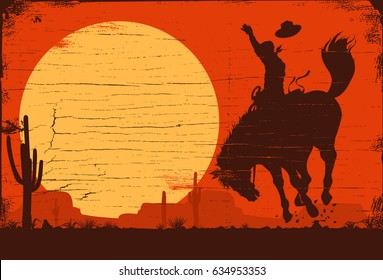 Drawing of a cowboy riding a wild horse at sunset on a wooden sign, vector