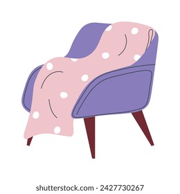 Drawing of cozy chair with blanket. Item of furniture on white background. Comfortable interior item. Flat vector isolated illustration.