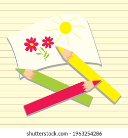 drawing and crayons on a background of lined paper, vector illustration