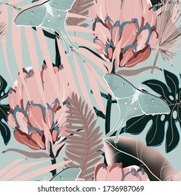 Drawing of a cream pink protea flower in pale palm leaves on a light blue, grey color background. Seamless vector floral pattern. Simple square repeating design for fabric and wallpaper.