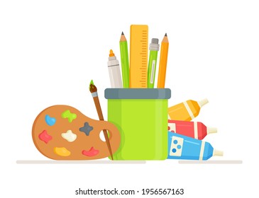 Drawing of creative materials for workshop designs. Vector illustration of drawing school concept. Tools drawing elements cartoon colorful vector set.