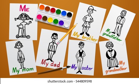 Drawing and creativity. My family. Father, mother, grandparents, siblings and me. Figures on paper. The paint tools. Working plane and background. Vector Image.