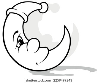 Drawing of a Crescent Moon with a Face and a Cap - Cartoon Illustration Isolated on White Background, Vector