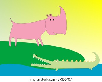 drawing of a crocodile and rhino, vector art illustration; more drawings in my gallery