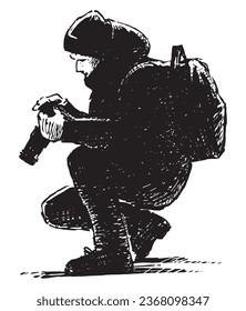 Drawing of crouching photographer silhouette with camera outdoors